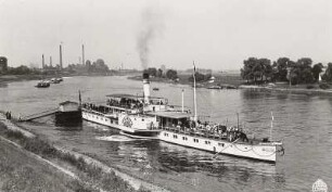 Personen-Seitenraddampfer "Pillnitz" (II, 1886, Werft Blasewitz) an der Anlegestelle Heidenau-Großsedlitz. Blick stromab auf Papierfabrik und Wesenitzmündung