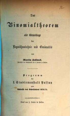 Programm der K. Studienanstalt Passau : für das Studienjahr ..., 1870/71,[1]