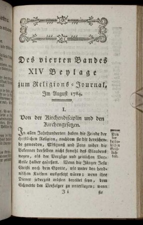 Des vierten Bandes XIV. Beylage zum Religions-Journal, Im August 1784