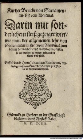 Kurtzer Bericht von Sacramenten und vom Abendmal