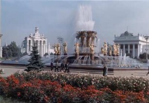 Moskau. Allrussisches Ausstellungszentrum (WWZ), Leistungsschau der Volkswirtschaft der UdSSR, Brunnen der Unionsrepubliken gegen Ausstellungspavillon