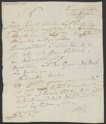 Bestellung von Musikalien für "Herrn Westrich", "Mademoiselle Feist" und "Mademoiselle Mohr"