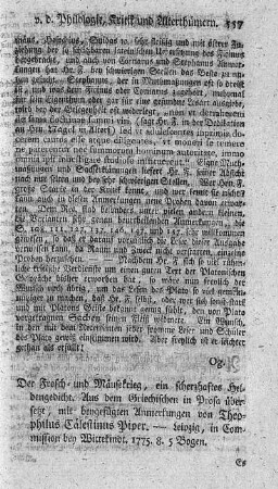 Der Frosch- und Mäusekrieg, ein scherzhaftes Heldengedicht.