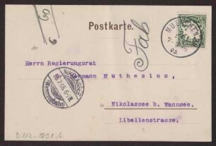 Schreiben an Hermann Muthesius (Postkarte)