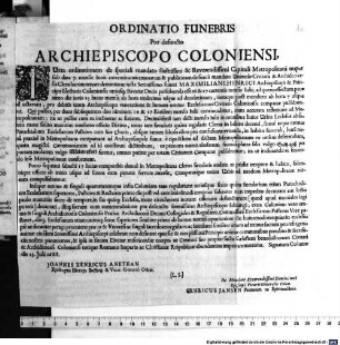 Ordinatio Funebris Pro defuncto Archiepiscopo Coloniensi ...