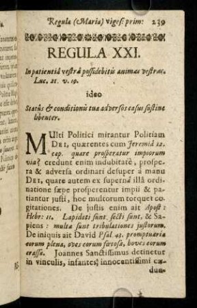 239-247, Regula XXI. In patientia vestra possidebitis animas vestras.