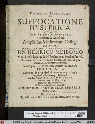 Disputatio Inauguralis De Suffocatione Hysterica