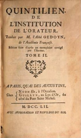 Quintilien, De L'Institution De L'Orateur, 2