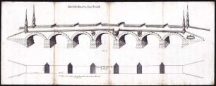e) Vollständige Ansicht der Steinbrücke mit sechs Pfeilern, darunter ein Grundriss auf dem selben Blatt (32 x 80 cm), die beiden Enden zieren je zwei Obelisken, an einem der mittleren Pfeiler ist eine reich ornamentierte Konsole angebracht, die von zwei Wappen begleitet wird, darunter Grundriss der Brücke