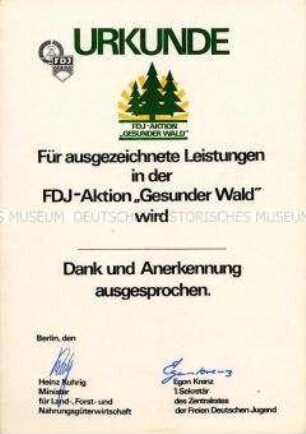 Urkunde "Für ausgezeichnete Leistungen in der FDJ-Aktion 'Gesunder Wald'" (blanko)