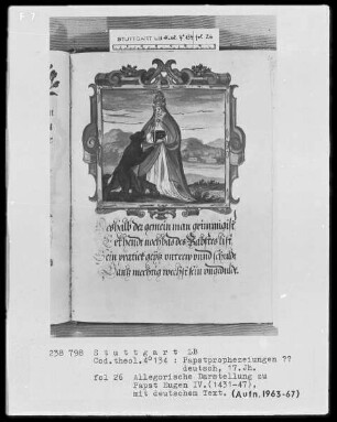 Flugschrift mit Illustrationen aus den Papstprophezeiungen mit antipäpstlichen Spottversen — Allegorische Darstellung zu Papst Eugen 4. (1431-1447), Folio 26recto
