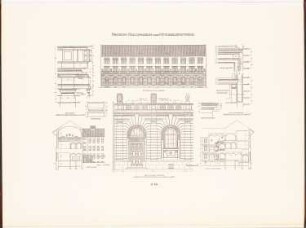 Friedrichs-Realgymnasium in der Mittenwalder Straße und der Schleiermacherstraße, Berlin: Ansichten, Schnitte, Details Schulhaus (aus: Neubauten der Stadt Berlin, Bd. V, 1907)