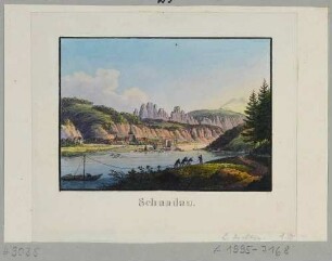Die Sächsische Schweiz bei Schandau (Bad Schandau) vom rechten Elbufer nach Nordosten, Blick auf die Schrammsteine, aus: Andenken an die Sächsische Schweiz von C. A. Richter 1820