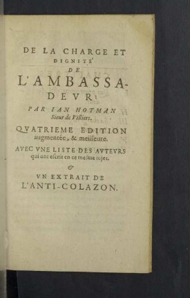 De la Charge et Dignite´ de L'Ambassadeur