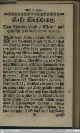Erste Einführung. Von Vatter-Land, Eltern, und Geburth Joannis Sarcandri