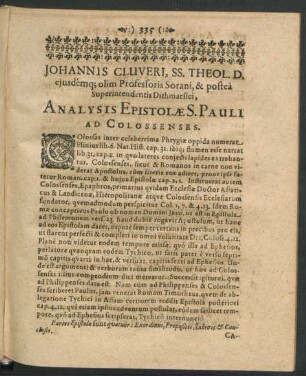 Johannis Cluveri ... Analysis Epistolae S. Pauli Ad Colossenses.