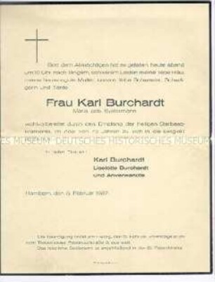 Todesanzeige für Frau Maria Burchardt