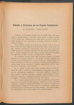 Saludo a Arequipa en su Cuarto Centenario