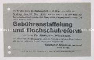 Handzettel mit der Einladung zu einer Diskussionsveranstaltung über die Hochschulreform
