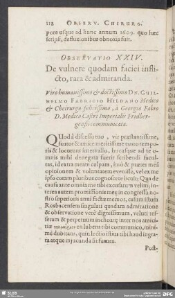 Observatio XXIV. De vulnere quodam faciei inflicto, rara & admiranda