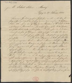 Brief an B. Schott's Söhne : 27.02.1830