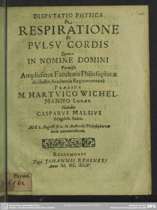 Dissertatio physica de respiratione et pulsu cordis