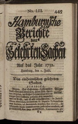 No. LIII. Hamburg, den 1. Julii 1732 - No. LXI. Hamburg, den 29. Julii 1732