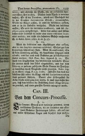 Cap. III. Von dem Concurs-Processe. - Cap. IV. Vom Consistorial, Berg-Lehns- und Kriegs-Processe.