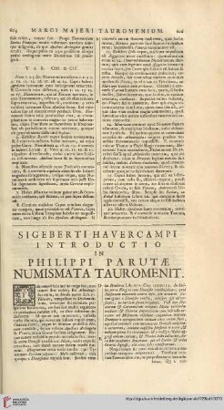 Sigeberti Havercampi introductio & commentarius in Philippi Parutae numismata Tauromenit