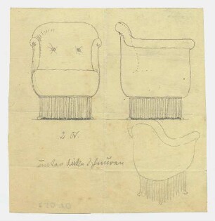Entwurf eines Sitzmöbels : Vorder-, Seiten- und schräge Rückansicht eines Sessels mit Fransen; handschriftliche Anmerkungen