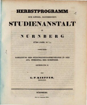 Herbstprogramm der Königl. Bayerischen Studienanstalt in Nürnberg : für's Jahr .... 1837/38, 1837/38