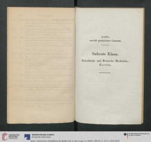 Siebente Klasse. Griechische und Römische Denkmäler: Geräthe