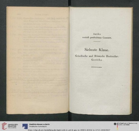 Siebente Klasse. Griechische und Römische Denkmäler: Geräthe