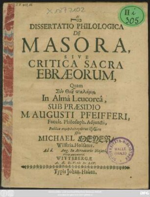 Dissertatio Philologica De Masora, Sive Critica Sacra Ebraeorum