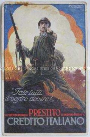 Italienische Kunstpostkarte mit Werbung für Kriegskredite