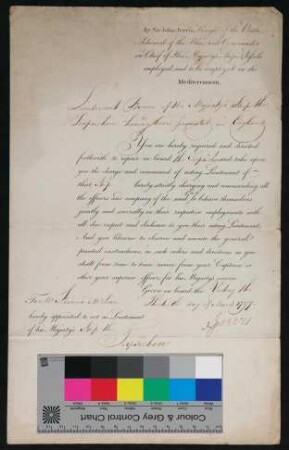 John Jervis, 1st Earl of St Vincent (1735 – 1823) betr. Ernennung von Mr. Francis McLean zum Lieutenant H.M.S. "Terpsichore", 30. März 1797