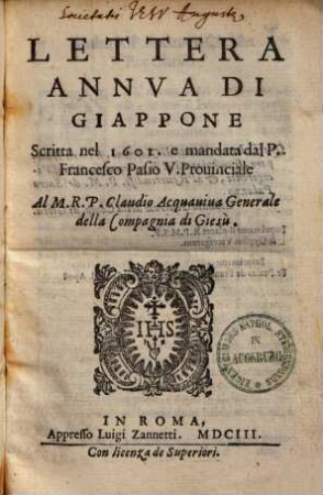 Lettera annua di Giappone : scritta nel 1601 e andata dal Fr. Pasio