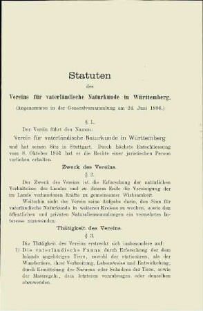 Statuten des Vereins für vaterländische Naturkunde in Württemberg. (Angenommen in der Generalversammlung vom 24. Juni 1896.)