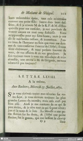 Lettre LXVIII. A la même. Aux Rochers, Mécredi 15. Juillet, 1671