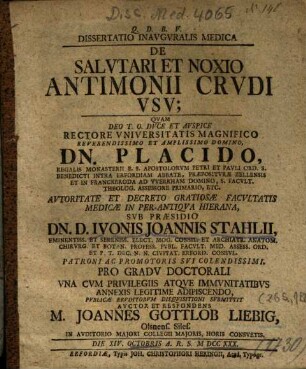 Dissertatio Inavgvralis Medica De Salvtari Et Noxio Antimonii Crvdi Vsv