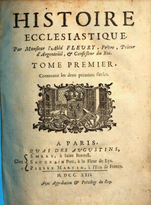 Histoire ecclésiastique, 1. Contenant les deux premiers siècles