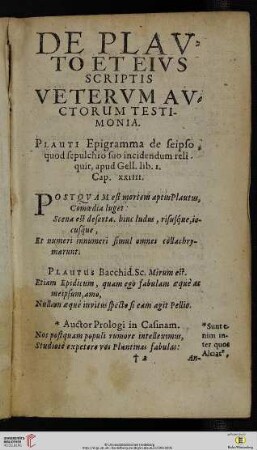 De Plavto et eivs scriptis vetervm avctorum testimonia