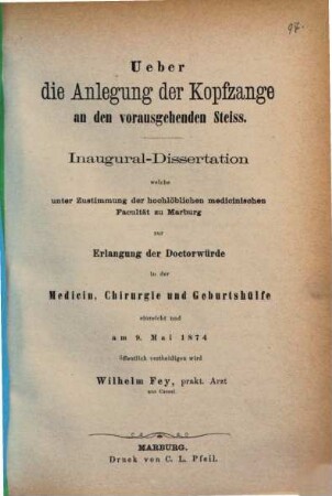 Über die Anlegung der Kopfzange an den vorausgehenden Steiss : Diss. inaug.