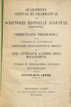 Quaestiones criticae et grammaticae : ad scriptores historiae Augustae pertinentes