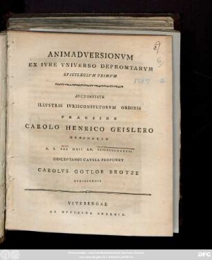 Animadversionvm Ex Ivre Vniverso Depromtarvm : Spicilegivm Primvm