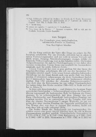van Sorgen : Zur Genealogie einer niederländischen, reformierten Familie in Hamburg