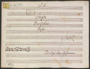 Trios, vl (2), b, HilG 381, G-Dur - BSB Mus.ms. 1430 : [title, b:] Sonata // à // Due Violini // e // Basso. // [Incipit] // Del Sig: Leop: Gassmann