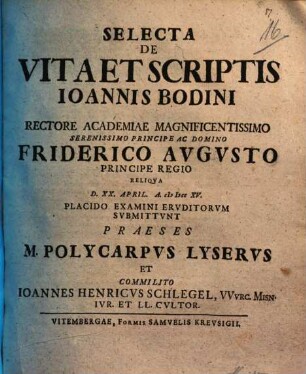 Selecta de vita et scriptis Ioannis Bodini