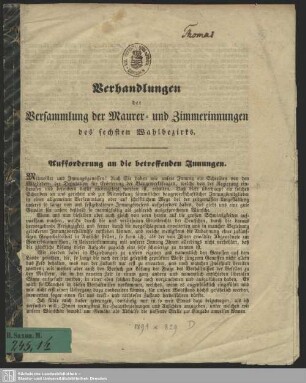 Verhandlungen der Versammlung der Maurer- und Zimmerinnungen des sechsten Wahlbezirks