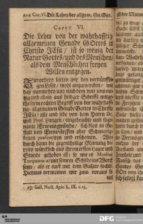 Caput VI. Die Lehre von der wahrhafftig-allgemeinen Genade Gottes in Christo Jesu [...].